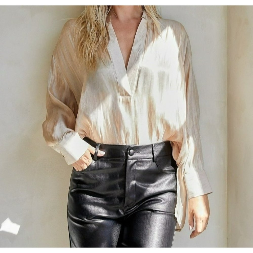 Glam Shimmer Me Loose Fitted Split Neck Blouse Taupe Shimmer Size Small NWT